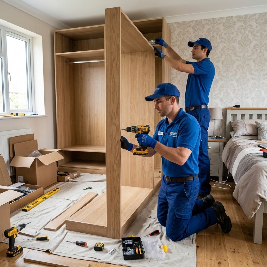 Furniture assembly service workers in Romford assembling a wardrobe